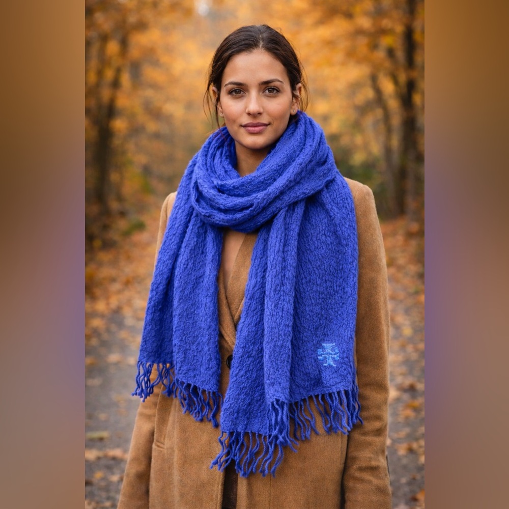 Tory Burch Periwinkle Blue 100% Merino Wool Logo Embroidered Scarf OS